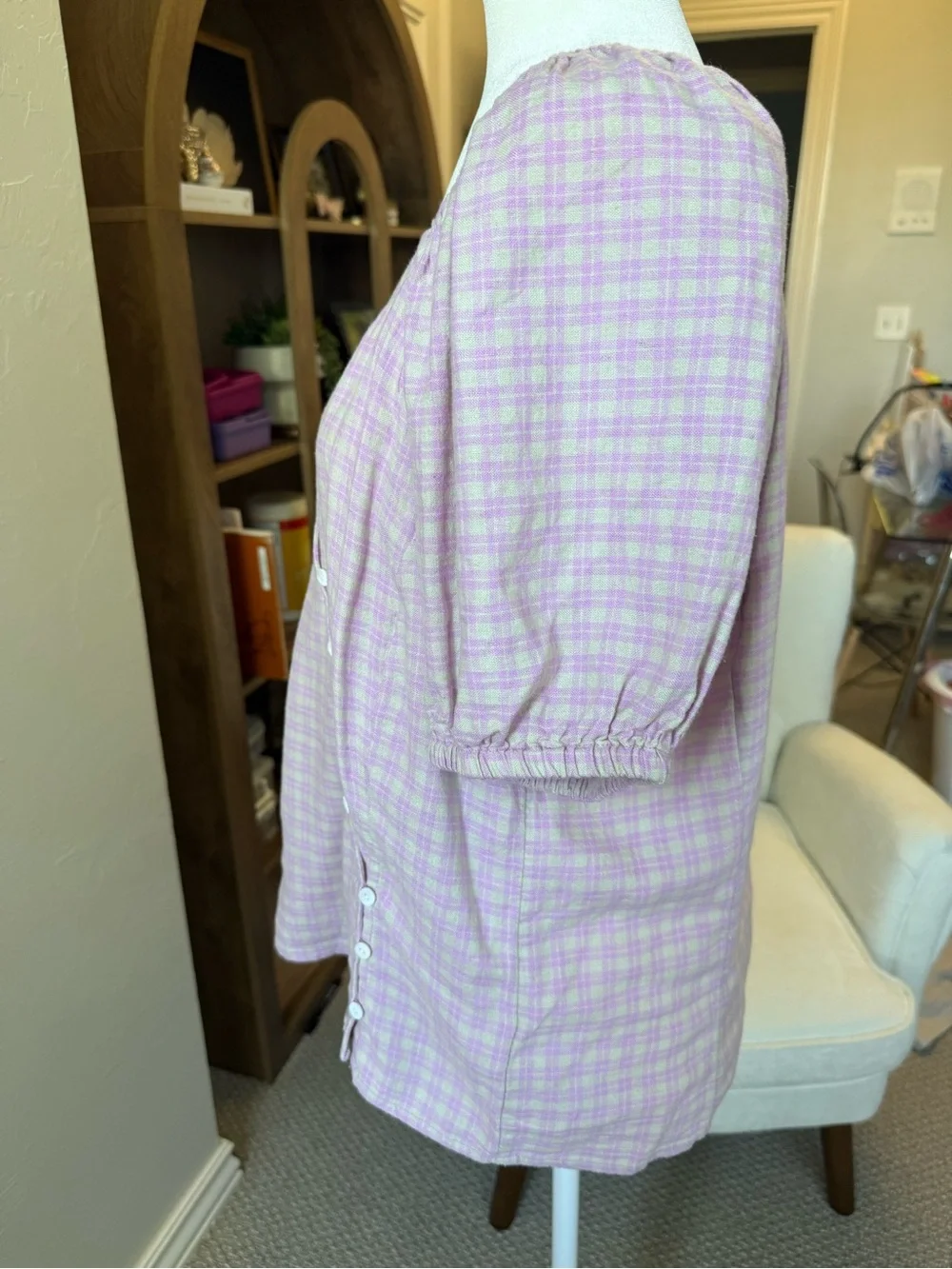 Madewell Linen Lavender Gingham Puff Sleeve Blouse Size L